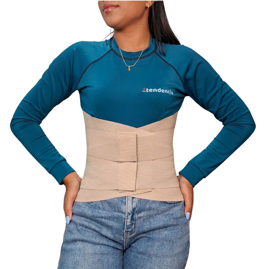 : Faja lumbosacra de alta compresión con estabilizadores de aluminio y tela bondeada para soporte postural en uso diario.